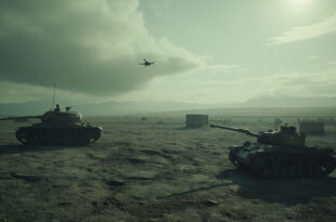 Surveillance drone hovering over empty borderland terrain with abandoned military positions in misty landscape