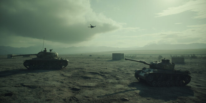 Surveillance drone hovering over empty borderland terrain with abandoned military positions in misty landscape