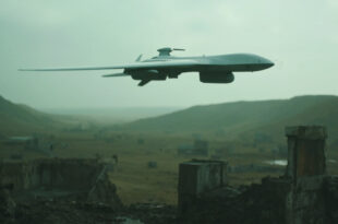 Military drone flies over empty battlefield with distant artillery positions on opposing hillsides