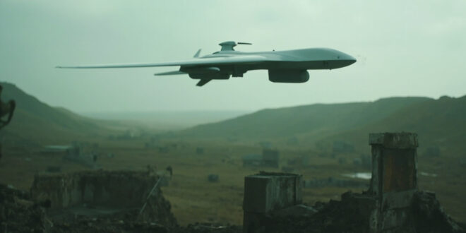 Military drone flies over empty battlefield with distant artillery positions on opposing hillsides