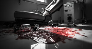 Empty spa treatment chair surrounded by spilled chemical vials and medical equipment in stark clinical lighting