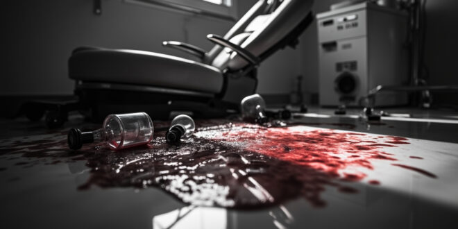 Empty spa treatment chair surrounded by spilled chemical vials and medical equipment in stark clinical lighting