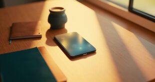 Smartphone on wooden table with soft window light creating warm reflections on screen surface