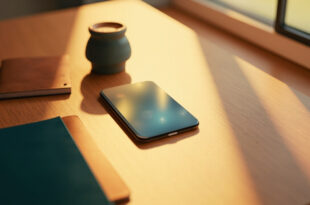 Smartphone on wooden table with soft window light creating warm reflections on screen surface