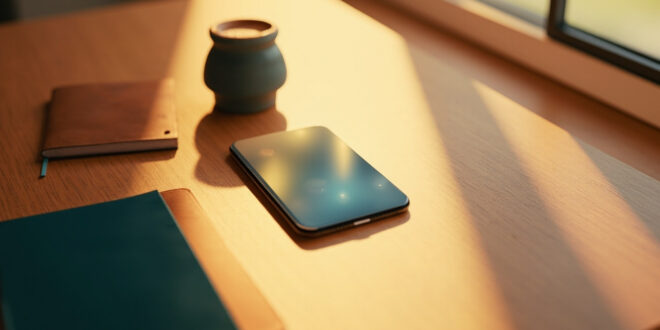 Smartphone on wooden table with soft window light creating warm reflections on screen surface