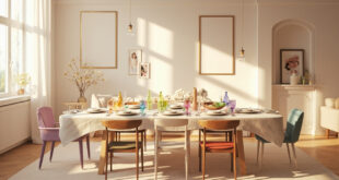 Dining table set for seven with mixed chair styles in warm lighting, family photos on walls