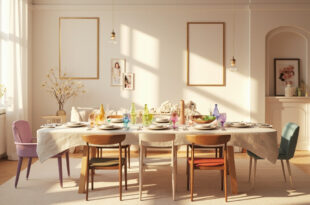 Dining table set for seven with mixed chair styles in warm lighting, family photos on walls