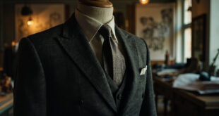 Charcoal gray suit jacket displayed on wooden form in elegant fashion studio with fabric samples