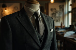 Charcoal gray suit jacket displayed on wooden form in elegant fashion studio with fabric samples