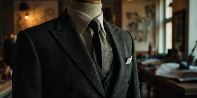 Charcoal gray suit jacket displayed on wooden form in elegant fashion studio with fabric samples