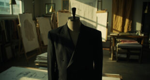 Elegant black blazer on dress form in luxury fashion atelier with design sketches and fabric samples
