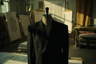 Elegant black blazer on dress form in luxury fashion atelier with design sketches and fabric samples