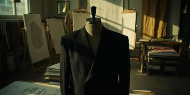 Elegant black blazer on dress form in luxury fashion atelier with design sketches and fabric samples