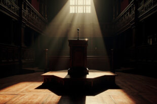Empty wooden debating podium in ornate chamber with carved paneling and formal seating