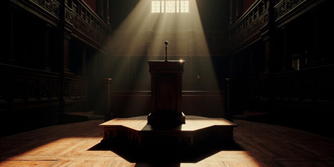 Empty wooden debating podium in ornate chamber with carved paneling and formal seating