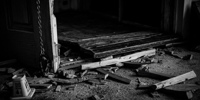 Broken wooden door with splintered frame and scattered debris on residential floor