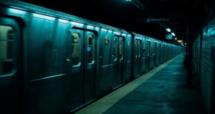 Empty subway train at dark station platform, closed doors, overhead lights casting long shadows on concrete
