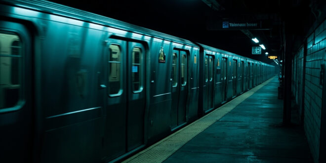 Empty subway train at dark station platform, closed doors, overhead lights casting long shadows on concrete