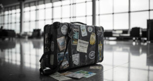 Vintage leather suitcase with colorful destination stickers sits alone in empty modern airport terminal