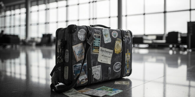 Vintage leather suitcase with colorful destination stickers sits alone in empty modern airport terminal