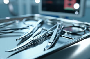 Surgical instruments arranged on sterile metal tray in modern operating room with bright clinical lighting