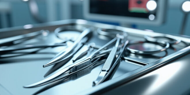 Surgical instruments arranged on sterile metal tray in modern operating room with bright clinical lighting