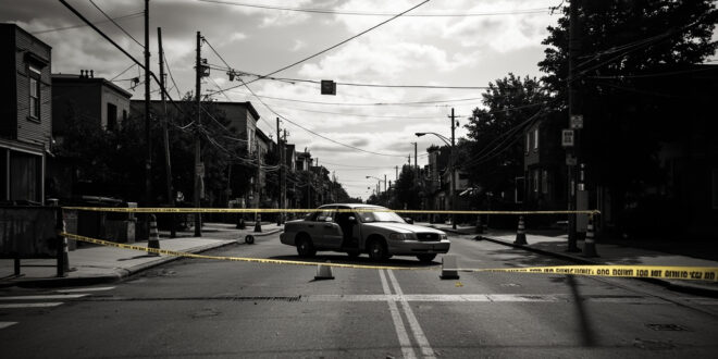 Empty urban street blocked by barriers, open car door, scattered traffic cones under overcast sky in residential area