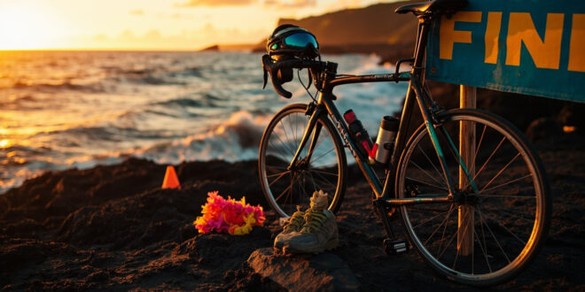 Triathlon gear and bicycle at Hawaiian coastal finish line with ocean and volcanic rock landscape at sunset