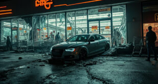 Gray Audi crashed through shattered glass storefront, debris and shopping carts scattered across damaged store entrance.