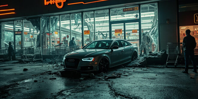 Gray Audi crashed through shattered glass storefront, debris and shopping carts scattered across damaged store entrance.