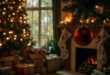 Wrapped presents under decorated Christmas tree beside fireplace with stockings in quiet room