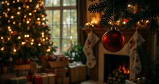 Wrapped presents under decorated Christmas tree beside fireplace with stockings in quiet room