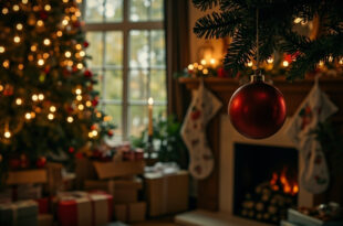 Wrapped presents under decorated Christmas tree beside fireplace with stockings in quiet room