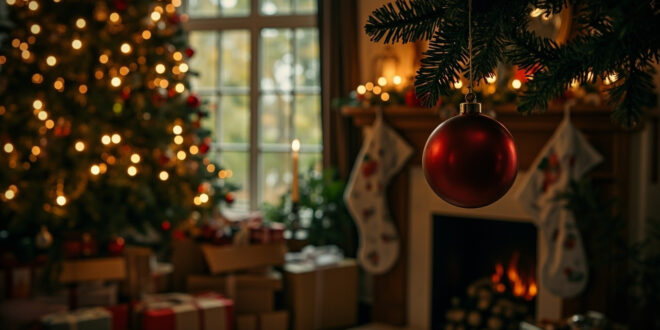 Wrapped presents under decorated Christmas tree beside fireplace with stockings in quiet room