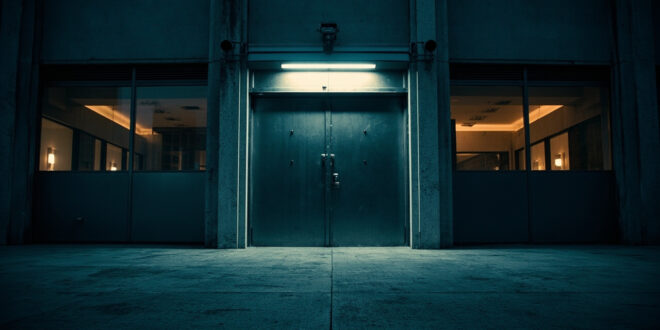 Heavy steel security door of broadcasting facility with mounted surveillance camera against concrete wall