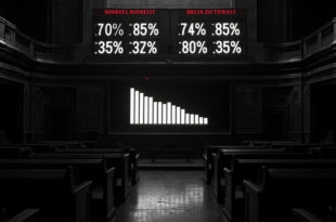 Mechanical split-flap display board showing percentage numbers, empty parliament benches in background, high contrast