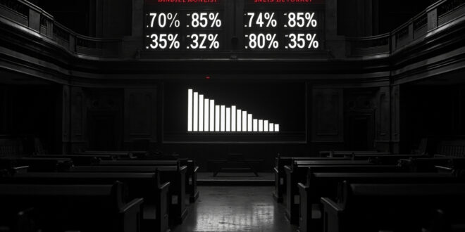 Mechanical split-flap display board showing percentage numbers, empty parliament benches in background, high contrast