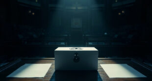 Empty voting booth with ballot box and blank paper under focused light in vacant parliamentary chamber