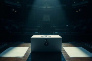 Empty voting booth with ballot box and blank paper under focused light in vacant parliamentary chamber