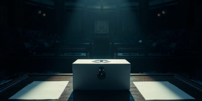 Empty voting booth with ballot box and blank paper under focused light in vacant parliamentary chamber