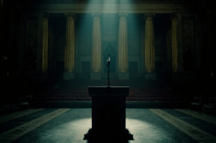 Empty microphone stand on dark podium in ornate palace hall with rows of vacant chairs
