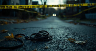Empty dog leash on pavement beside yellow police tape in residential street at dusk