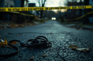 Empty dog leash on pavement beside yellow police tape in residential street at dusk