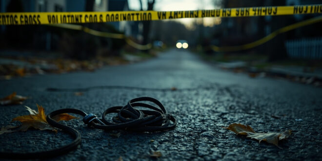 Empty dog leash on pavement beside yellow police tape in residential street at dusk