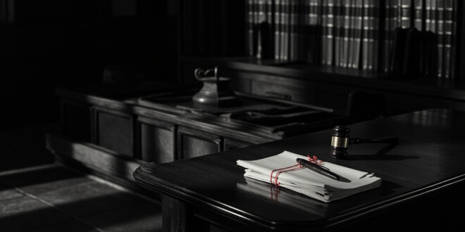 Closed legal files and gavel on dark wooden courtroom bench in somber lighting