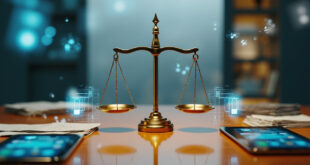 Brass balance scale on desk with privacy shields and business icons, smartphones showing social media feeds nearby