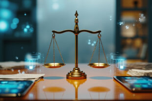 Brass balance scale on desk with privacy shields and business icons, smartphones showing social media feeds nearby