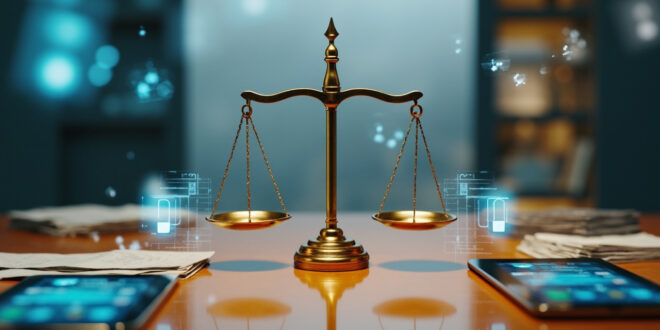 Brass balance scale on desk with privacy shields and business icons, smartphones showing social media feeds nearby