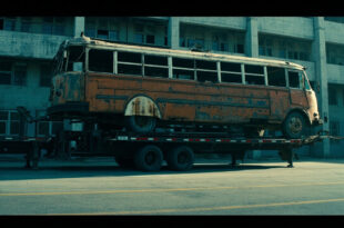 Weathered vintage bus secured on industrial flatbed trailer in depot yard