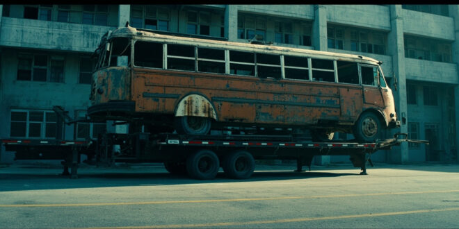 Weathered vintage bus secured on industrial flatbed trailer in depot yard
